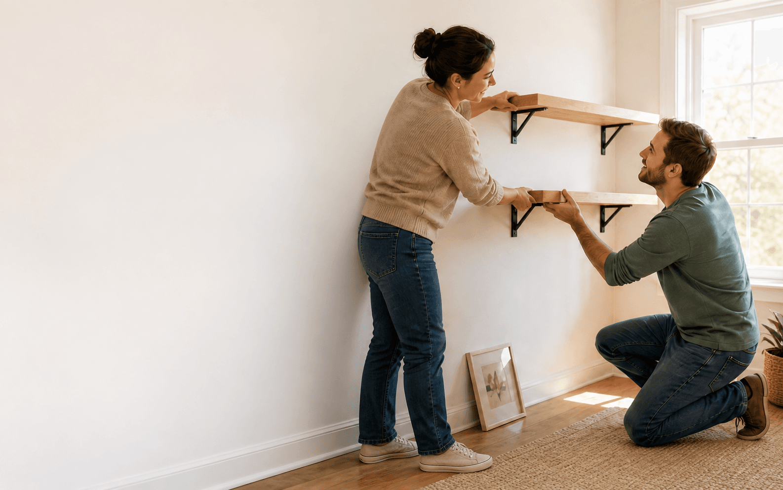 Two neighbors assembling wall shelves together in a home