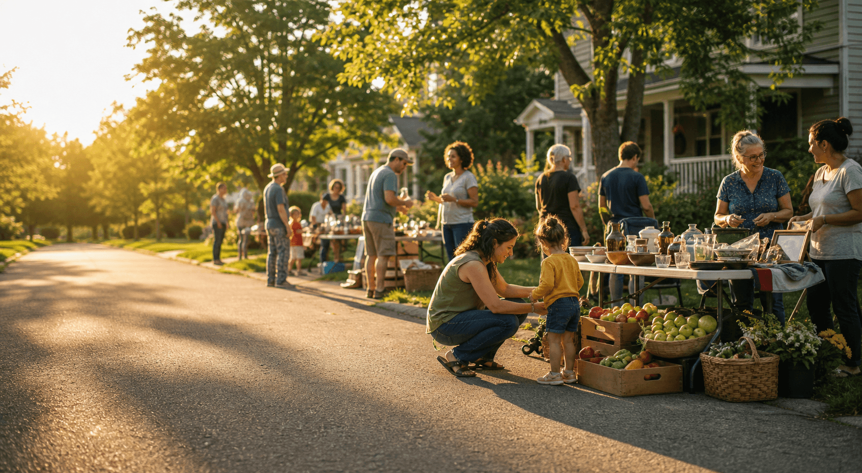 Neighbors gathering on a sunny neighborhood street with sale tables and fresh produce